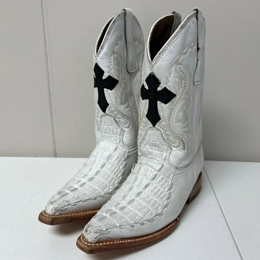 Aguila Real Cowboy Boots Kids MEX 19 US 12C White Leather Black Cross Alligator